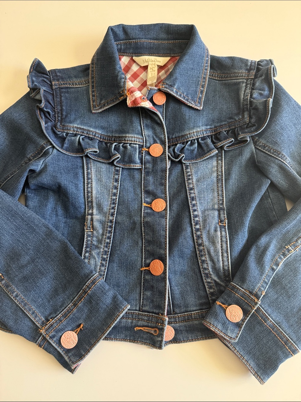 Matilda Jane Blue Denim Jacket Ruffle Yoke Gingham Lining Pink Buttons Sz 8 EUC